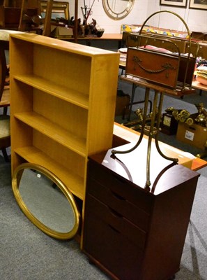 Lot 1123 - Light oak bookcase, filing cabinet, gilt oval mirror, Edwardian brass magazine rack, oak low...