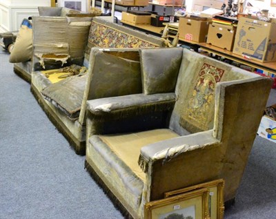 Lot 1127 - An Edwardian knoll settee with two chairs (3)