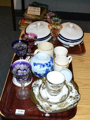 Lot 1144 - A harlequin set of six coloured stemmed hock goblets together with assorted ceramics including...