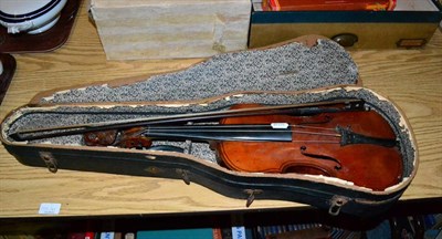 Lot 1145 - An Italian violin with nickel mounted bow, in case (a.f.)