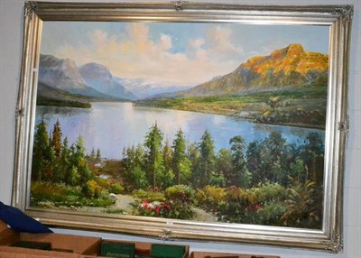 Lot 1151 - A large oil painting of a river landscape