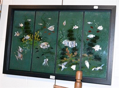 Lot 1155 - A green lacquered panel decorated with fish
