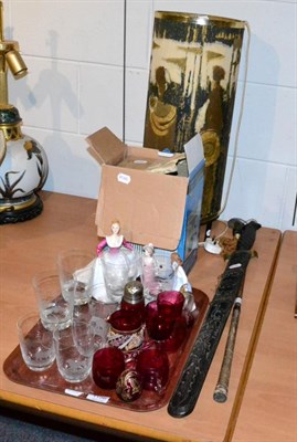 Lot 1156 - A collection of glasses etched with animals, cranberry glass, Mamod engine, Royal Doulton figure, a