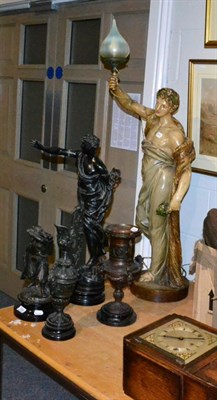 Lot 1161 - A plaster figural lamp after James de Ville in the form of a Classical male together with a spelter