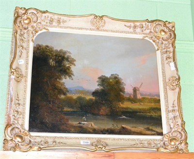 Lot 1168 - A 19th century English school river landscape with figures swimming, canvas on board