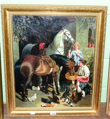 Lot 1180 - D Smith, Feeding the Horses, oil on canvas