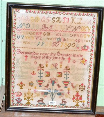 Lot 1197 - A Victorian alphabet framed sampler, worked by Lonora Gambage, Hipswell School 1881, worked in...