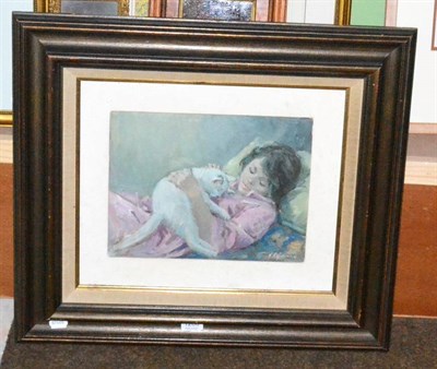 Lot 1200 - 20th century contemporary, oil on board portrait of a girl with cat