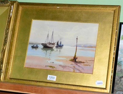 Lot 1203 - James W Milliken (British, 1887-1930), boats moored in bay, watercolour, signed (lower left)...