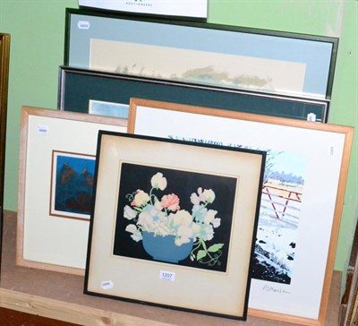 Lot 1207 - John Hall Thorpe, Sweet Peas, woodcut, together with four other signed prints