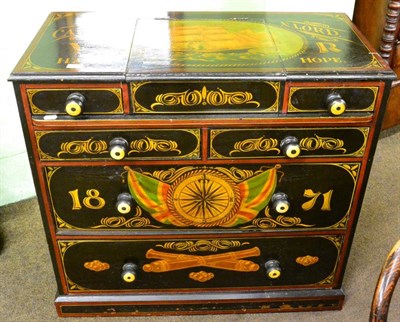 Lot 1221 - A naval style painted chest of drawers inscribed and dated 1871, with hinged mirror top