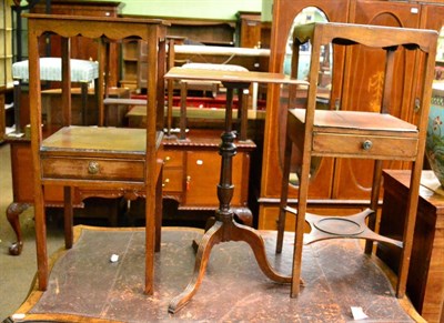 Lot 1319 - A small square tripod wine table and two square bedside tables