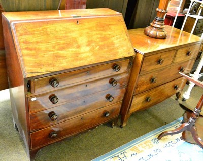 Lot 1337 - A 19th centruy mahogany bureau a similar three height chest of drawers and a mahogany pedestal...