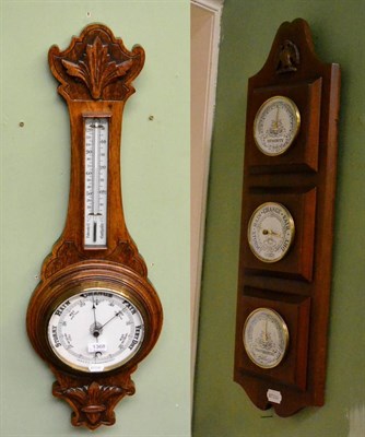 Lot 1368 - An oak aneroid barometer, a modern barometer, ships type bulk head clock signed Wempe, Humberg