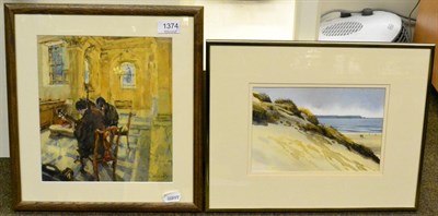 Lot 1374 - Celia Roberts, interior scene with figures, oil on panel together with a watercolour seascape...