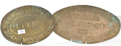 Lot 12 - Two brass mining plaques "; The Hunslet Engine Co Ltd, Leeds, 204 HP, No 5304- 1959"; and...