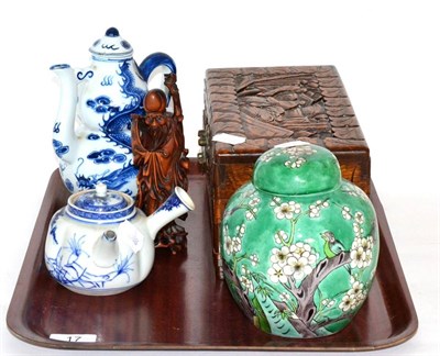 Lot 17 - A group of Oriental items including a carved box, ginger jar and cover, teapot etc