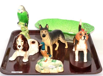 Lot 20 - A Beswick green budgie 1217, a Beswick beagle, a Beswick duck ashtray, a silver cigarette case etc