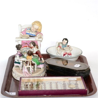 Lot 21 - Three German porcelain figural boxes and figure groups; glass finger plates; Villeroy & Boch...