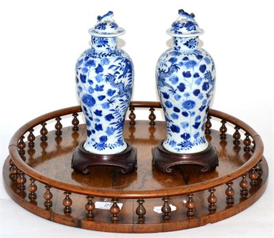 Lot 25 - A pair of Chinese blue and white vases and a rosewood tray