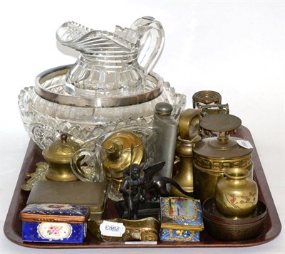 Lot 34 - Various enamel boxes, brass and copper wares, glass, Japanese box, postal scales  and other...