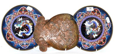 Lot 38 - A Japanese Meji plaque (a.f.) and a pair of cloisonne plates