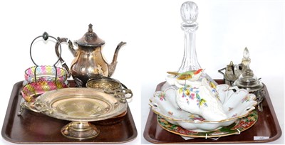 Lot 45 - A quantity of silver plate, glass ware, coloured cut glass, plated serving dish etc (2 trays)