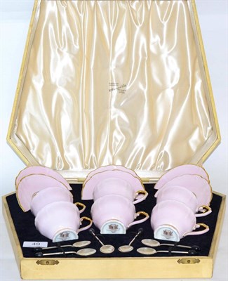 Lot 49 - A cased set of six Paragon cups and saucers, in pink with gilt embellishment, together with a...