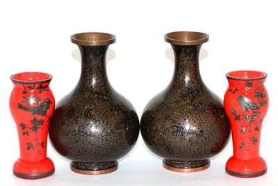 Lot 52 - A pair of cloisonne vases and a pair of glass overlay vases