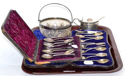 Lot 55 - A cased set of twelve and a cased set of six silver Onslow pattern teaspoons with tongs; a...