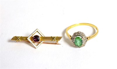 Lot 64 - An 18 carat gold cluster ring and a garnet and enamel brooch