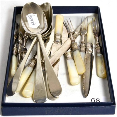 Lot 68 - Silver comprising three 18th century table spoons, another single example and set of six...