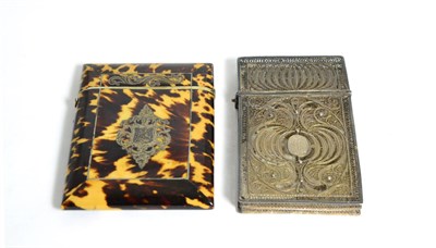 Lot 77 - A 19th century filigree card case, with hinged cover, engraved with initials; and a silver...