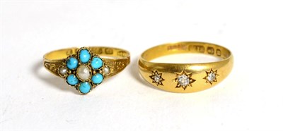 Lot 85 - An 18 carat gold three stone diamond ring and a 15 carat gold turquoise and pearl set ring