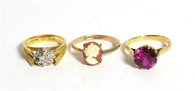 Lot 88 - An 18 carat gold diamond cluster ring, a 9 carat gold cameo ring ad a gem set ring stamped...