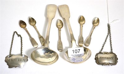 Lot 107 - A matched pair of silver fiddle pattern sauce ladles; a set of six fiddle pattern snuff spoons,...