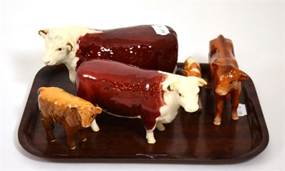 Lot 108 - Beswick Cattle Comprising: Hereford Bull, 1363A, Hereford Cow, 1360, Guernsey Calf, 1249A, Highland