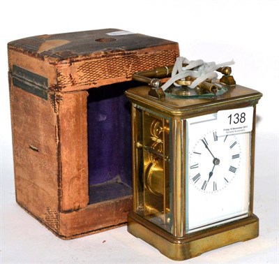 Lot 138 - A brass striking and repeating carriage clock, circa 1890, with outer fitted case