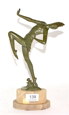 Lot 139 - An Art Deco green patinated spelter figure of a dancing girl, on an alabaster plinth