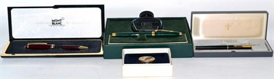 Lot 147 - A Mont Blanc presentation ball point pen, Parker fountain pen, Cross fountain pen and a British...