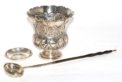 Lot 149 - A silver pedestal vase, a horn handled toddy ladle and a dish inset with an 18th century coin