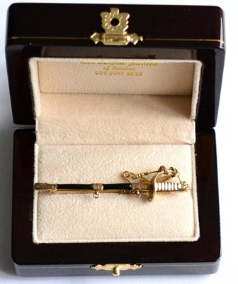 Lot 163 - Modern silver gilt and enamel bar brooch in the form of a naval sword and scabbard (boxed)