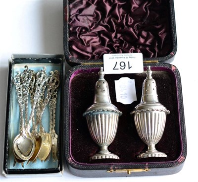 Lot 167 - Set of six Norwegian silver spoons and six forks, together with a pair of silver pepperettes