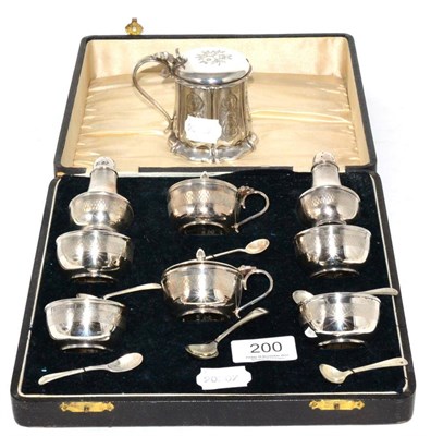 Lot 200 - A cased eight piece silver condiment set; and an Elkington electroplated mustard pot