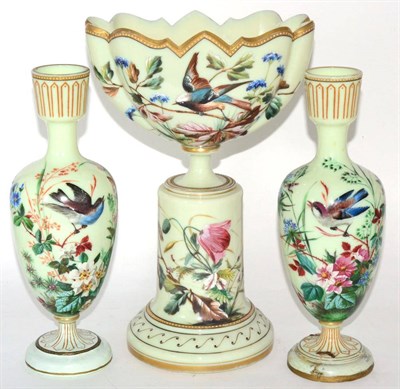 Lot 201 - A Victorian glass three piece garniture decorated with birds and floral sprigs (a.f.)