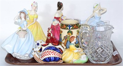 Lot 221 - Collection of Doulton china figures, Royal Crown Derby china paperweights (lacking stoppers), Royal