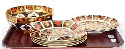 Lot 225 - A group of Royal Crown Derby Imari comprising octagonal bowl, a pair of wavy rimmed plates, a...