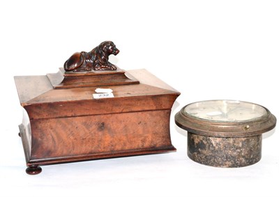 Lot 232 - A Regency mahogany sarcophagus form jewellery box, surmounted by a recumbent lion and a...