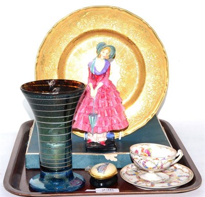 Lot 236 - A tray comprising a Royal Doulton figure 'Priscilla' HN1340, a Staffordshire Enamels trinket box, a