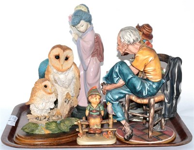 Lot 237 - A Lladro figure, two Capodimonte figures, Goebel Western German figure and two owl artist figures